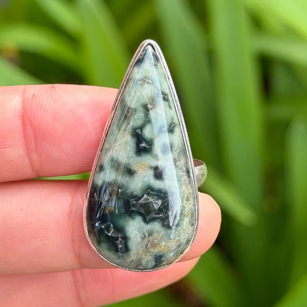 Size 9.75 925 silver‎ plated green ocean jasper ring 0871